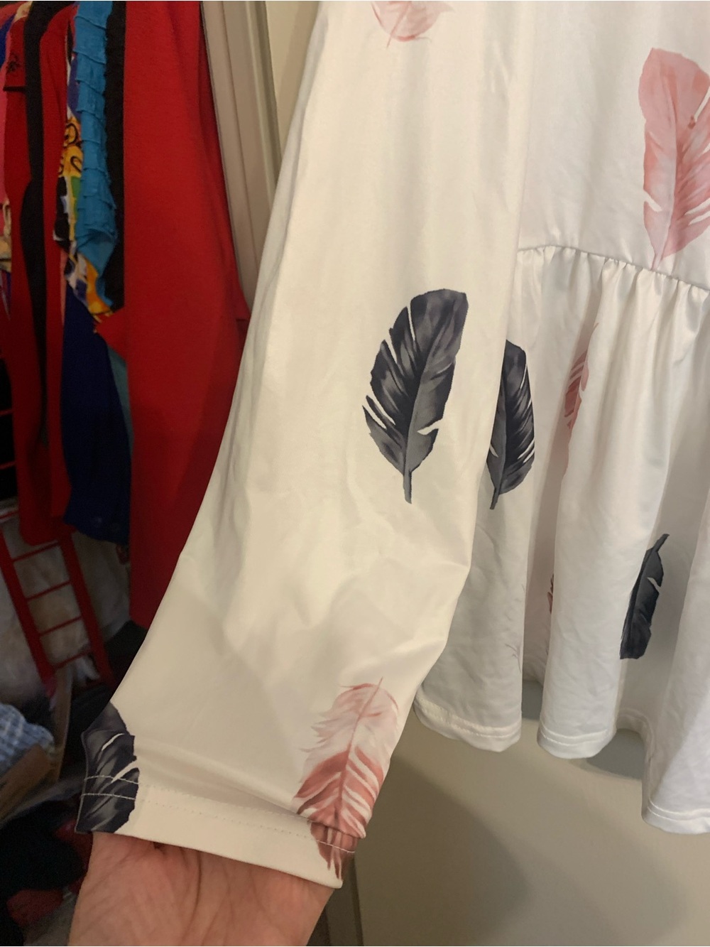 Women's White Scoop Neck Peplum Tunic with Pink & Navy Feather Print - Picture 3 of 4